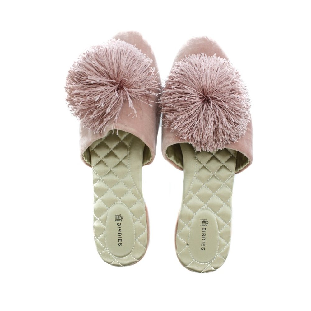 BIRDIES Pink Velvet Slippers With Tassel Pompom, Size 9.5